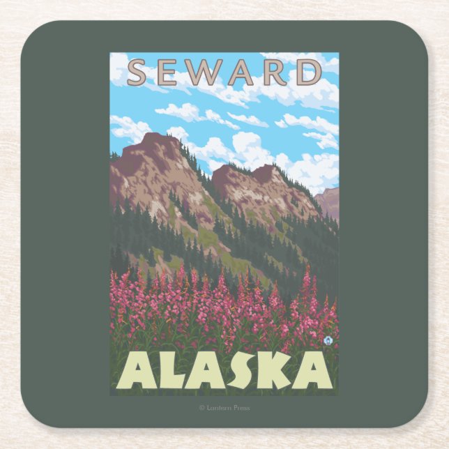 Posavasos Cuadrado De Papel Fireweed y montañas - Seward, Alaska (Anverso)