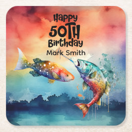 Posavasos Cuadrado De Papel Fishing lovers 50th  birthday Fish   watercolor  