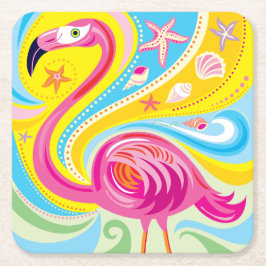 Posavasos Cuadrado De Papel Flamenco rosa con estrella de mar