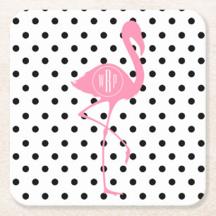 Posavasos Cuadrado De Papel Flamenco rosado con monograma + Lunar negro
