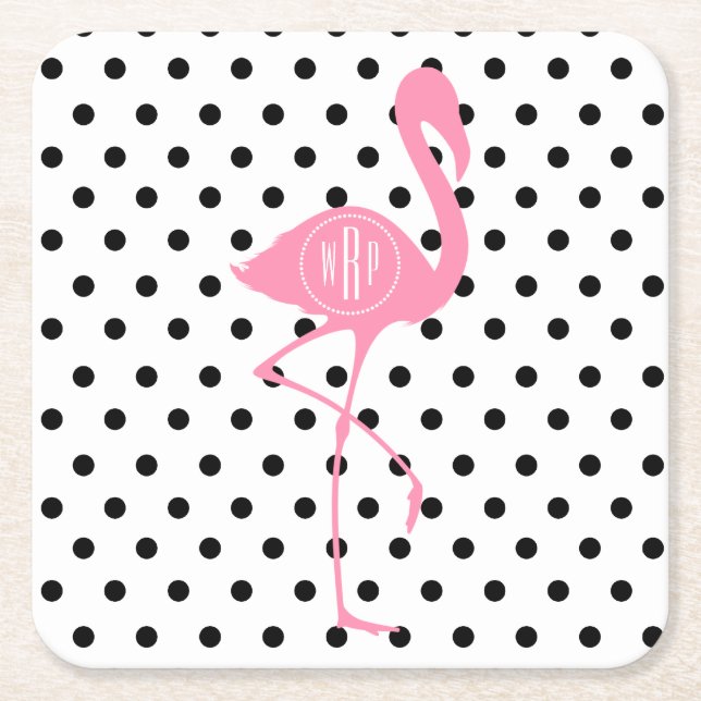 Posavasos Cuadrado De Papel Flamenco rosado con monograma + Lunar negro (Anverso)