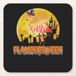Posavasos Cuadrado De Papel Flamencos Flamingoween Funny Witch Halloween