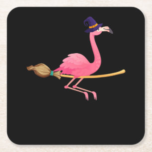 Posavasos Cuadrado De Papel Flamencos   Gracioso Flamingo Witch Halloween