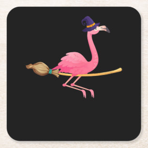 Posavasos Cuadrado De Papel Flamencos Halloween de Brujas Flamingo divertida
