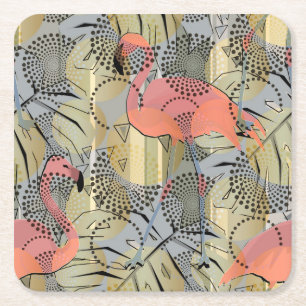 Posavasos Cuadrado De Papel Flamencos sobre un fondo abstracto.