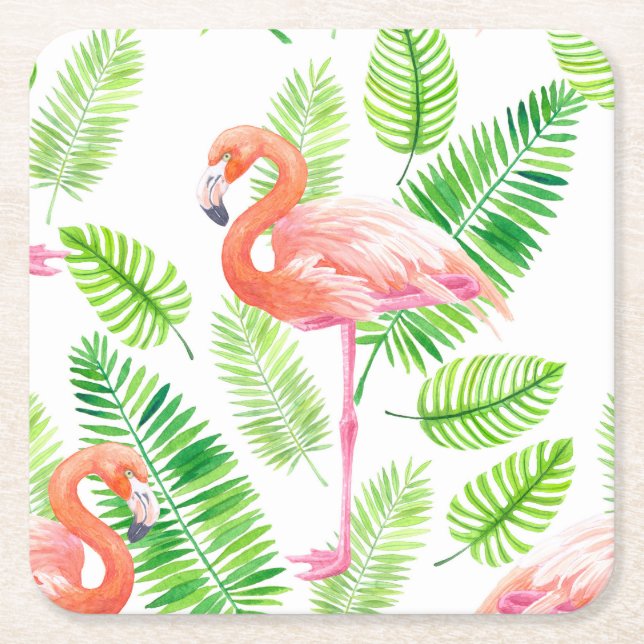 Posavasos Cuadrado De Papel Flamencos y hojas tropicales (Anverso)