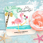 Posavasos Cuadrado De Papel Flamingo Beach Cocktail Palm Tropical Cumpleaños<br><div class="desc">Divertidas,  festividades de la posada de papel con flamingo rosa en la playa disfrutando de un cóctel tropical al lado de una palmera con la leyenda "celebremos" en escritura moderna e informal. Arte por KL Stock</div>