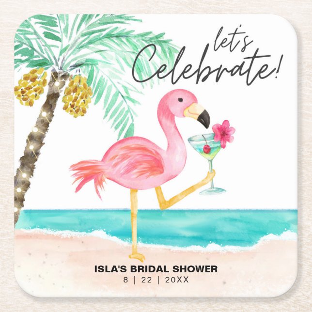 Posavasos Cuadrado De Papel Flamingo Beach Cocktail Tropical Bridal Shower (Anverso)