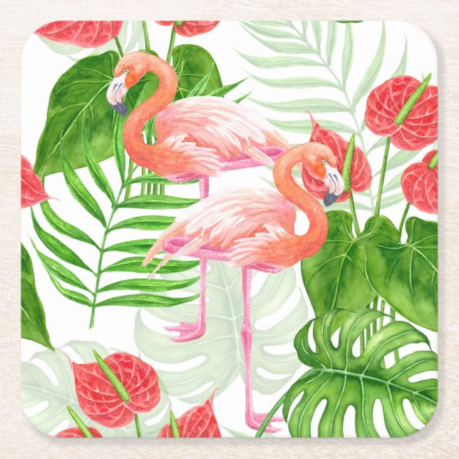 Posavasos Cuadrado De Papel Flamingo garden (Anverso)