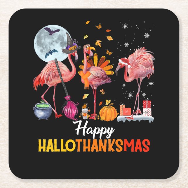 Posavasos Cuadrado De Papel Flamingo|Navidades de Flamingo Thankings Halloween (Anverso)
