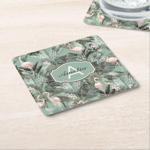 Posavasos Cuadrado De Papel Flamingo Orquídea Patrón Tropical ID868