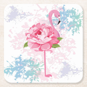 Posavasos Cuadrado De Papel Flamingo pintado a mano