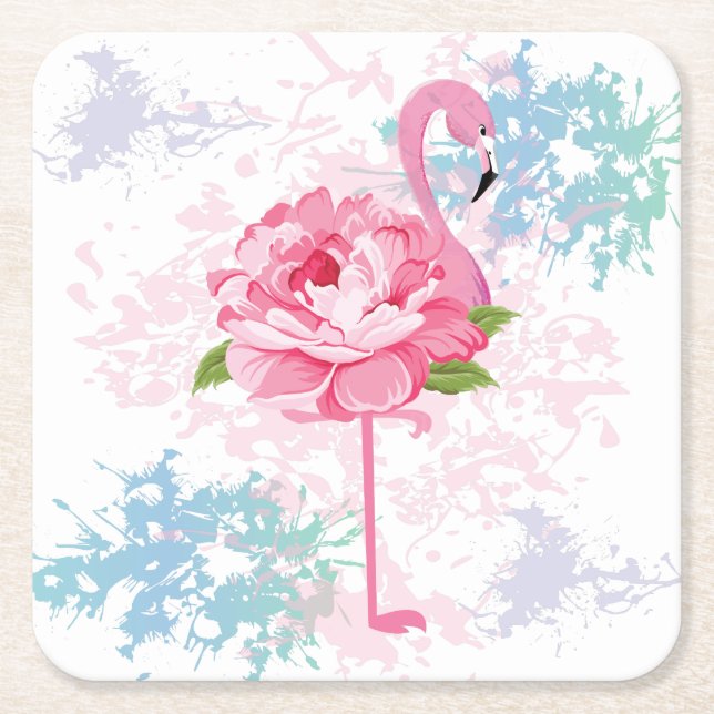 Posavasos Cuadrado De Papel Flamingo pintado a mano (Anverso)