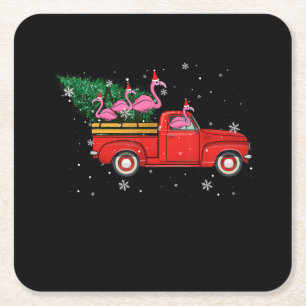 Posavasos Cuadrado De Papel Flamingo Riding Red Truck Xmas Santa Hat Navidades