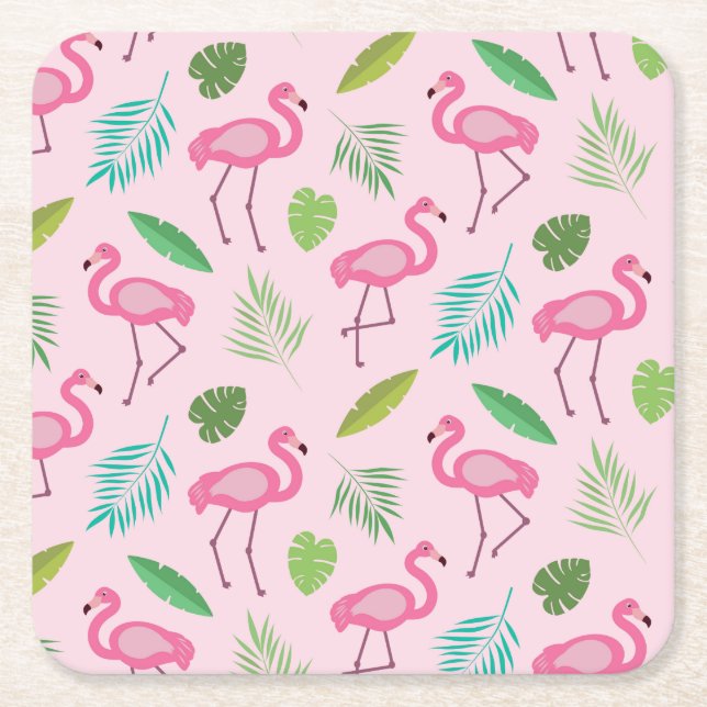 Posavasos Cuadrado De Papel Flamingo rosa con patrón de hojas tropicales (Anverso)