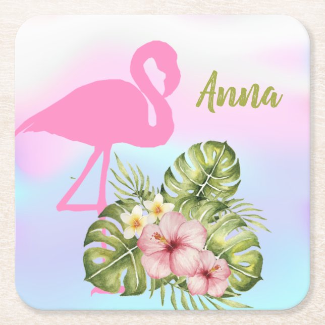 Posavasos Cuadrado De Papel Flamingo rosa Hibiscus Holographic (Anverso)