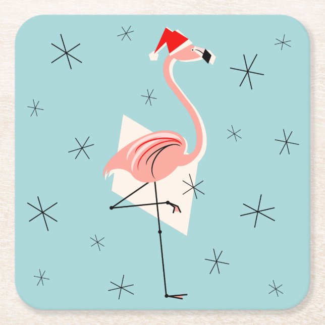 Posavasos Cuadrado De Papel Flamingo Santa Blue (Anverso)