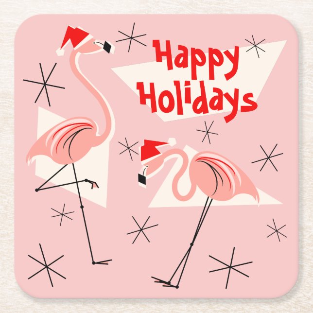 Posavasos Cuadrado De Papel Flamingo Santas Pink Happy Holidays square (Anverso)