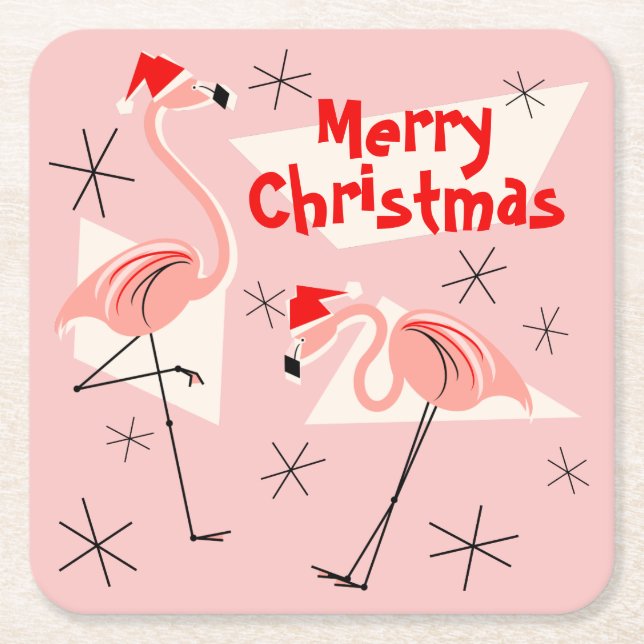 Posavasos Cuadrado De Papel Flamingo Santas Pink Merry Christmas square (Anverso)