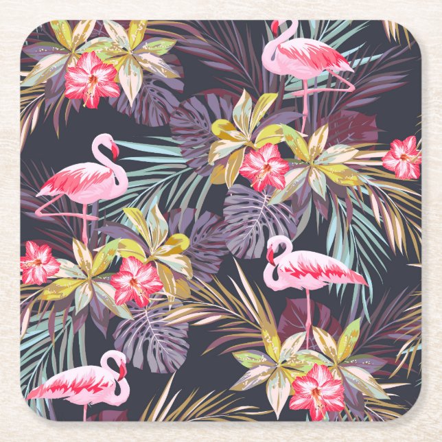 Posavasos Cuadrado De Papel Flamingo Tropical: Patrón veraniego sin foco (Anverso)