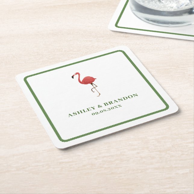 Posavasos Cuadrado De Papel Flamingo Tropics Beach Coastal Retro Wedding (En perspectiva)