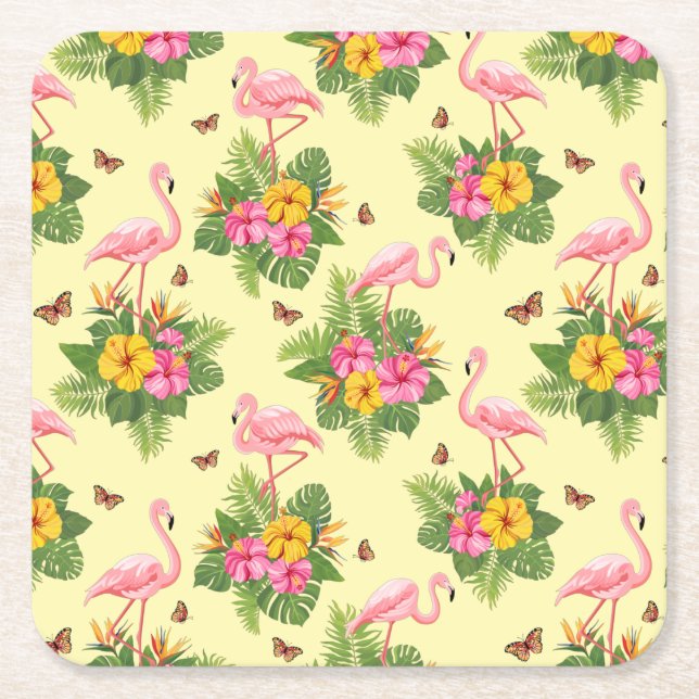 Posavasos Cuadrado De Papel Flamingo y mariposas 2 (Anverso)