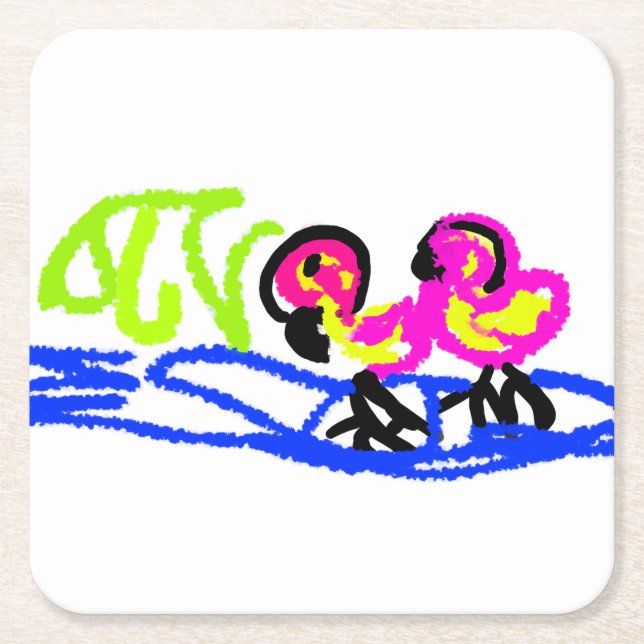 Posavasos Cuadrado De Papel Flamingos rosados boda verano divertido (Anverso)