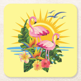Posavasos Cuadrado De Papel Flamingos tropicales Sunshine and Flowes