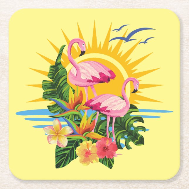 Posavasos Cuadrado De Papel Flamingos tropicales Sunshine and Flowes (Anverso)
