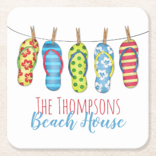 Posavasos Cuadrado De Papel Flip Flops Personalizado Whimsical Beach House