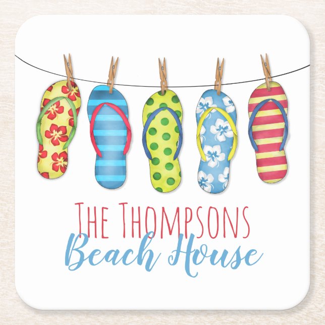 Posavasos Cuadrado De Papel Flip Flops Personalizado Whimsical Beach House (Anverso)