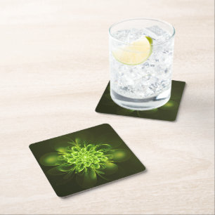 Posavasos Cuadrado De Papel Flor brillante Fractal esparce verde