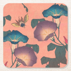 Posavasos Cuadrado De Papel Flor de abeja rosa Arte Clásico Hokusai