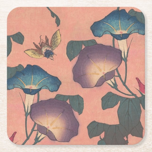 Posavasos Cuadrado De Papel Flor de abeja rosa Clásica Hokusai Art (Anverso)