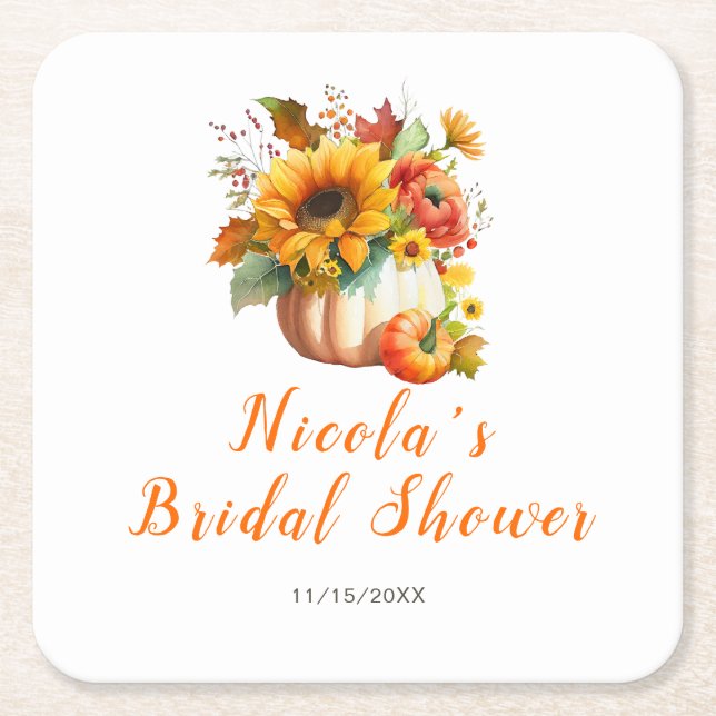 Posavasos Cuadrado De Papel Flor de calabaza Bouquet Ducha de novia (Anverso)