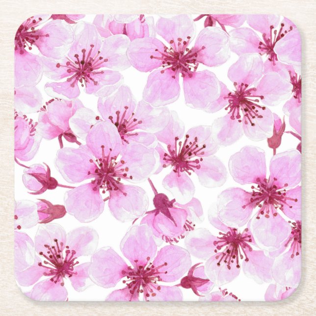 Posavasos Cuadrado De Papel Flor de cerezo acuarela (Anverso)