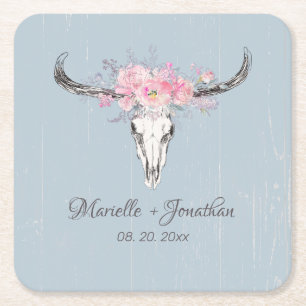 Posavasos Cuadrado De Papel Flor de cráneo de vaca rústica Boho Rubor color de