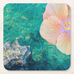 Posavasos Cuadrado De Papel Flor de hibisco agua de océano turquesa hawaiano