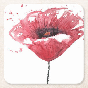 Posavasos Cuadrado De Papel Flor de la amapola, acuarela