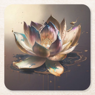 Posavasos Cuadrado De Papel Flor de Loto en Luz Teal Rosa y Dorada