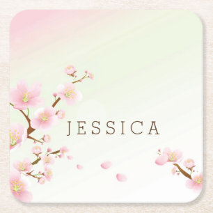 Posavasos Cuadrado De Papel Flor de primavera rosada pastel