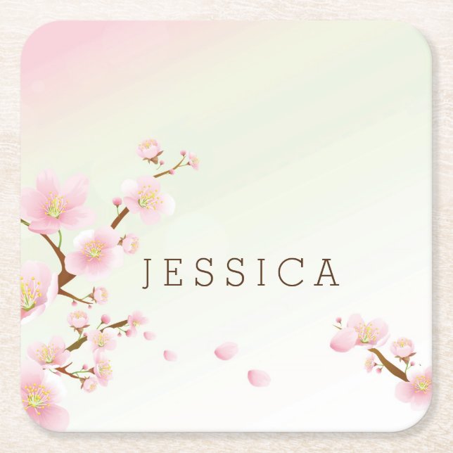 Posavasos Cuadrado De Papel Flor de primavera rosada pastel (Anverso)