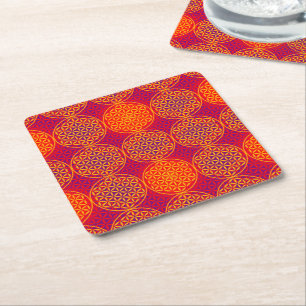 Posavasos Cuadrado De Papel Flor de vida - patrón de sello - rosa naranja
