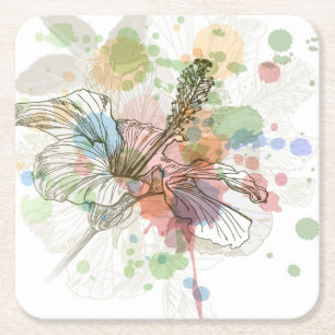 Posavasos Cuadrado De Papel Flor del hibisco y fondo de la acuarela
