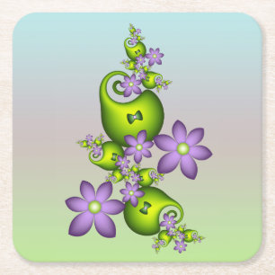 Posavasos Cuadrado De Papel Flor Floral Fantasía Lilac Flores Formas verdes Fr