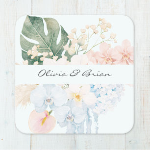 Posavasos Cuadrado De Papel Flor Floral Tropical de Acuarela Personalizada