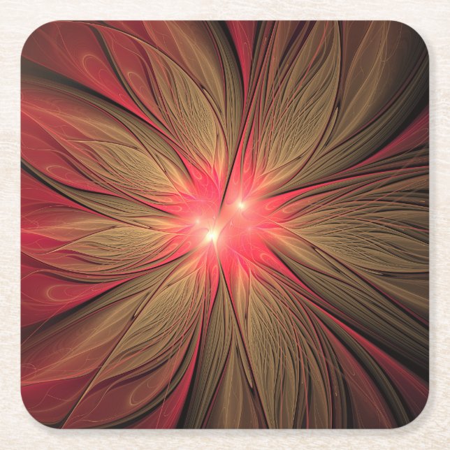 Posavasos Cuadrado De Papel Flor fractal de fanatismo rojo (Anverso)