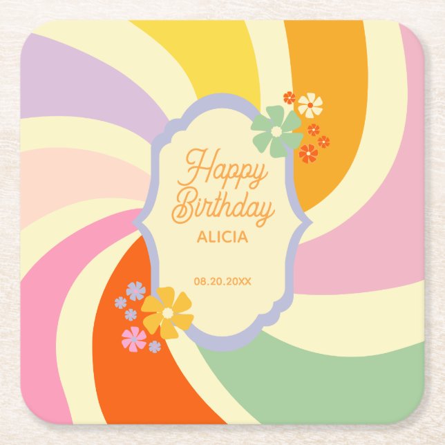Posavasos Cuadrado De Papel Flor Groovy Groovy Wave Retro 70 Feliz cumpleaños (Anverso)