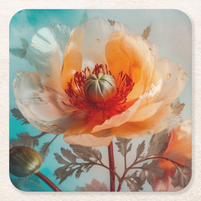 Posavasos Cuadrado De Papel Flor Naranja Delicada (Anverso)