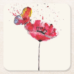 Posavasos Cuadrado De Papel Flor pintada estilizada de la amapola de la